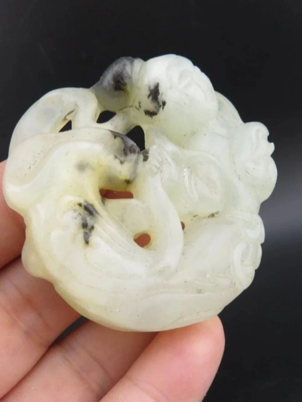 Rare Carved White Jade Fairy Pendant with Black Veining